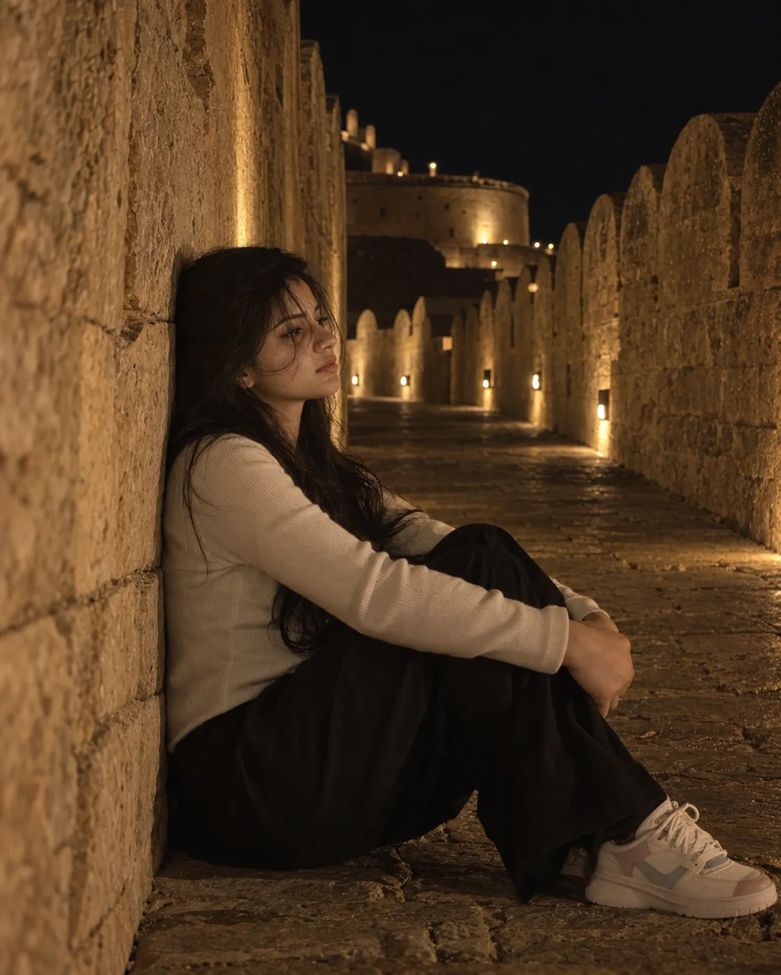 > Ultra-realistic cinematic nighttime portrait of a young South Asian woman sitting alone against a textured golden-beige stone wall in a
