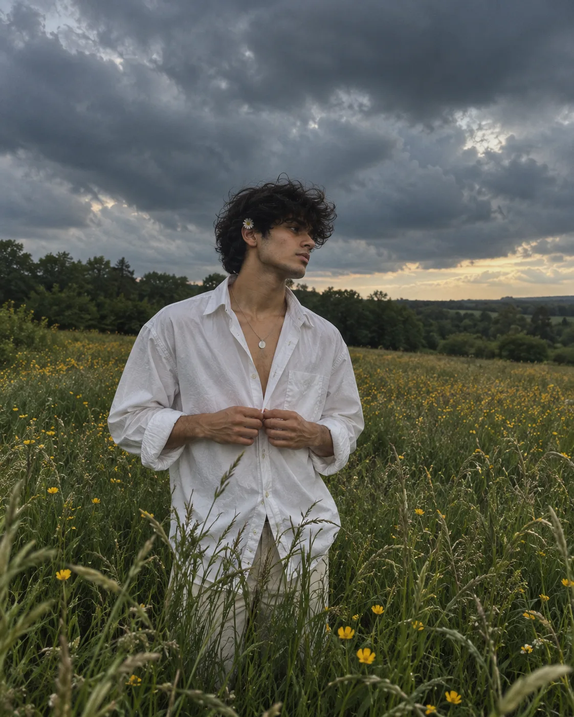 A cinematic editorial portrait of a young man standing in a lush, untamed meadow beneath a dramatic overcast sky.