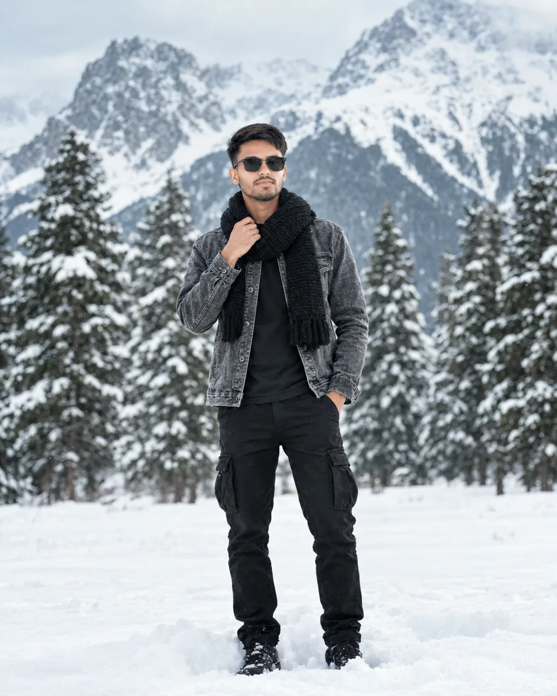 Create a photorealistic full-body winter fashion portrait of a young South Asian man standing confidently in a vast snowy mountain