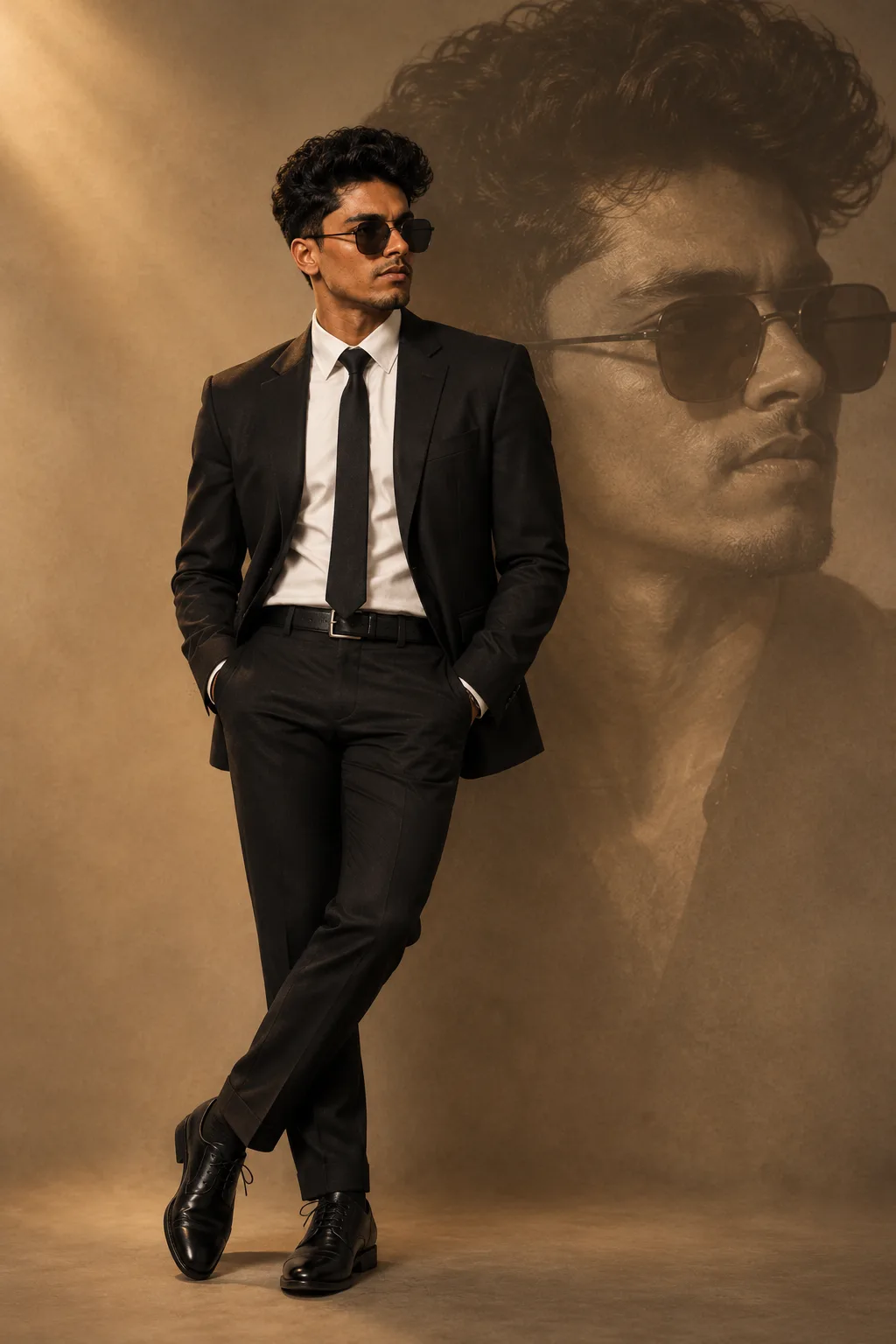 Portrait of a confident young man in a perfectly tailored black suit, white dress shirt and slim black tie, standing with hands casually in