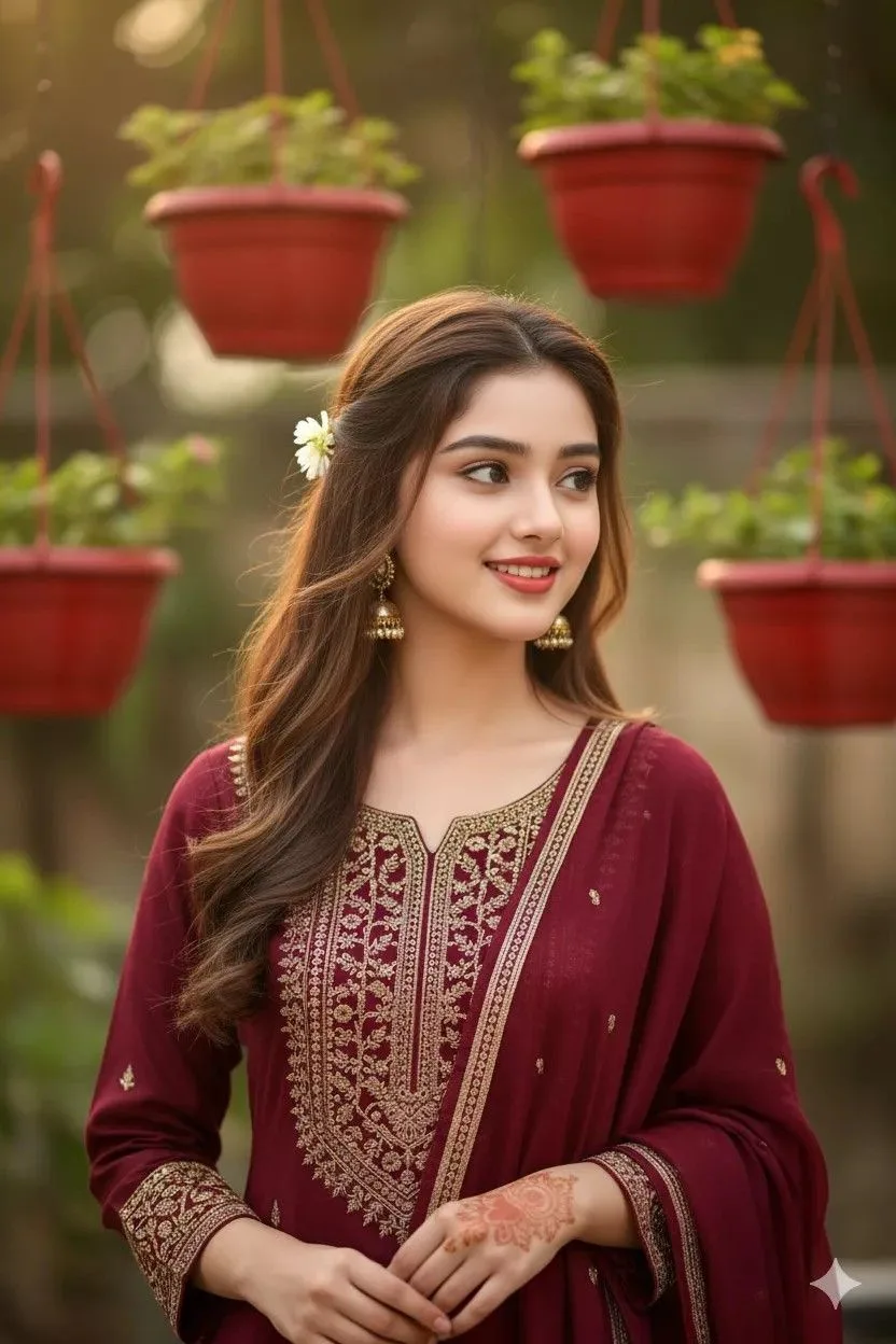 "A realistic 4k cinematic portrait of a beautiful 21-year-old South Asian woman with long, elegant wavy brown hair styled with a small