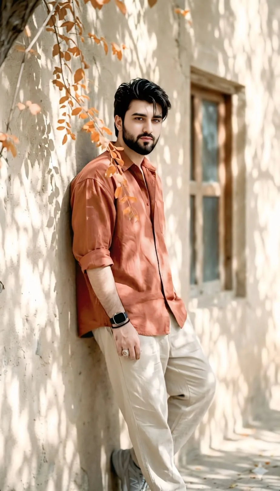 A cinematic realistic portrait of a handsome South Asian man with a sharp beard and well-styled dark hair.