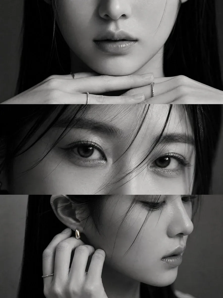 Elegant black-and-white studio editorial of a young Korean woman, vertical 3:4 layout in three panels, minimalist and high-fashion in mood,