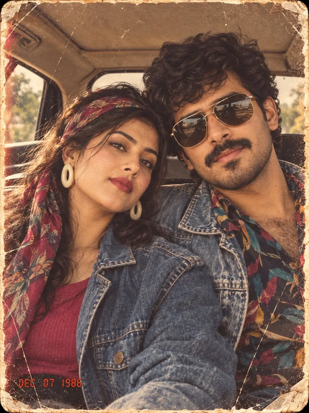 Create an ultra-realistic close-up 1980s Indian couple photograph inside a vintage car, looking like a genuine physical colour photograph