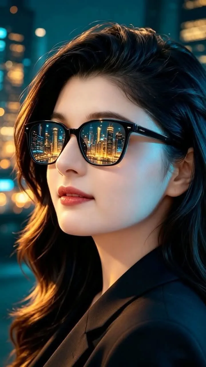 Close-up cinematic portrait of a beautiful young woman with long wavy dark hair, looking sideways.