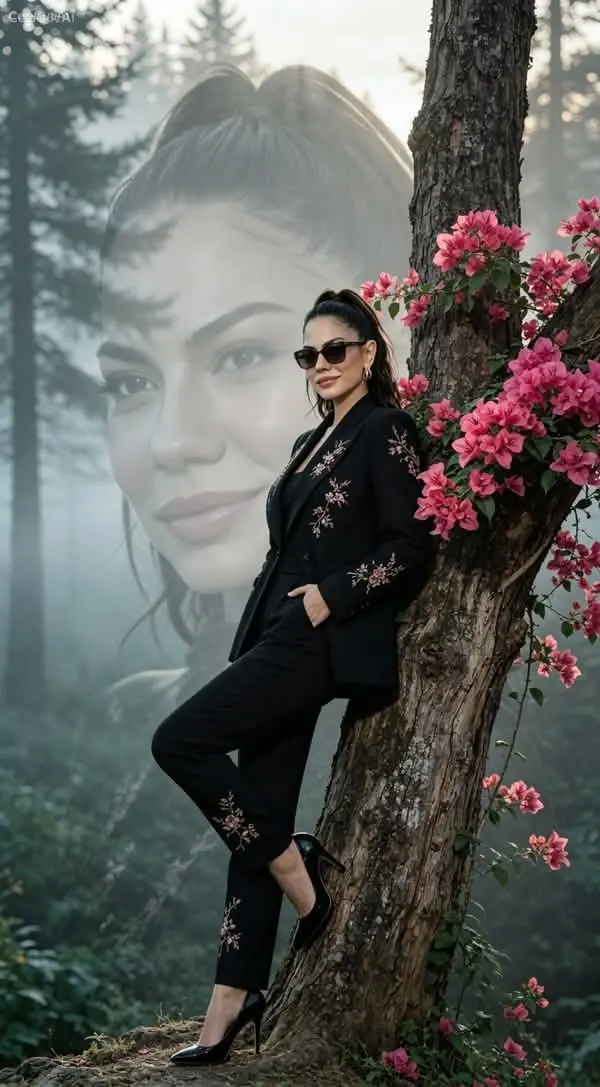 A dramatic double exposure portrait composition of a stylish woman with her hair tied up in a high ponytail.