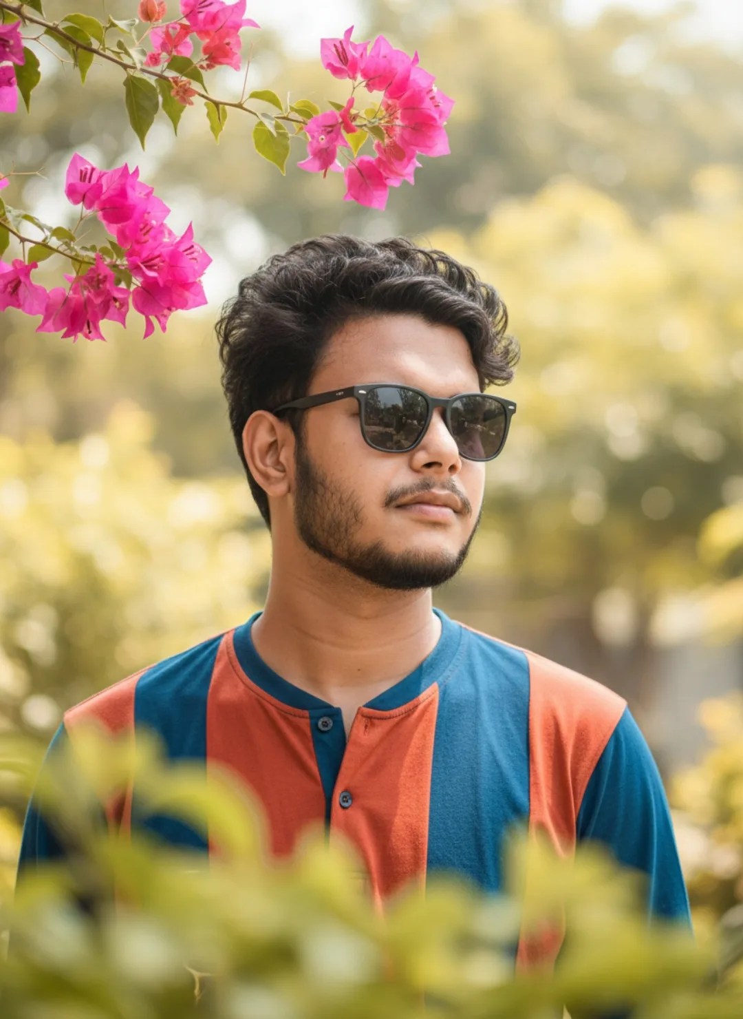 > A realistic portrait of a 26-year-old South Asian man with curly black hair, styled short, and a well-groomed short beard.
