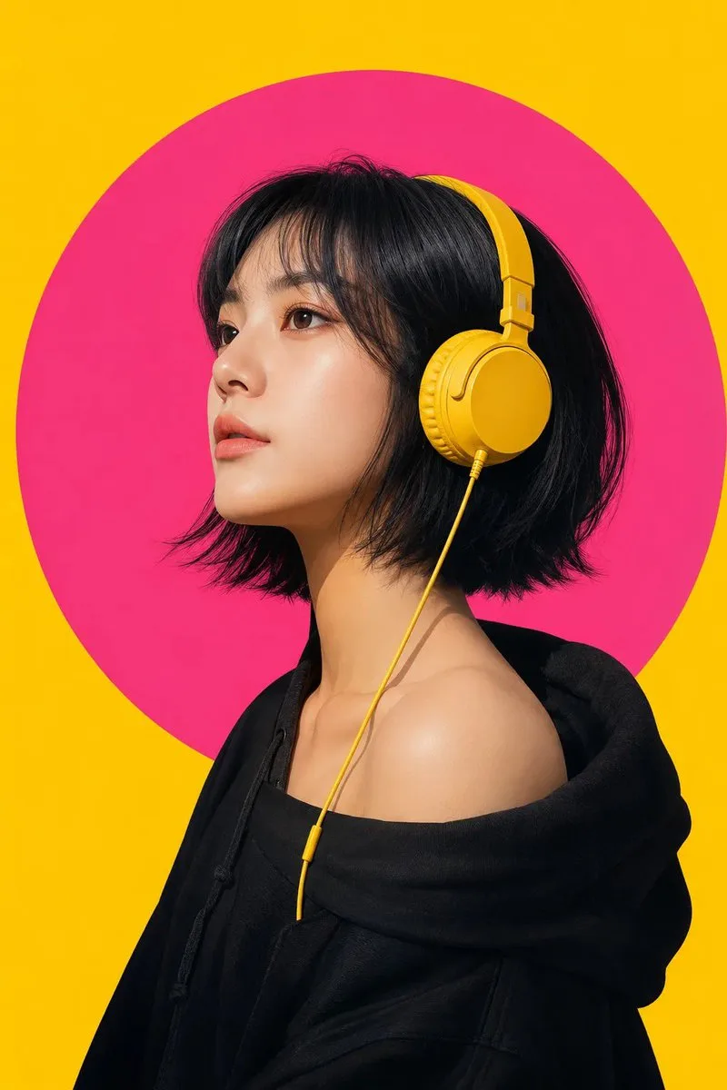 Create an ultra-detailed modern pop-art portrait of a confident East Asian woman in a clean left-side profile, looking slightly upward with