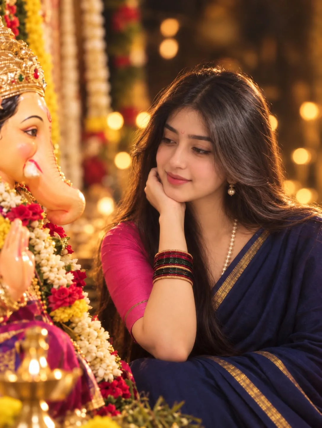 Create an ultra-realistic, high-detail vertical 4:5 portrait of a young South Asian woman sitting gracefully beside a beautifully decorated