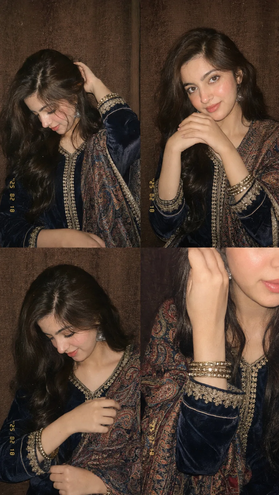 A hyper-realistic cinematic 4-panel 2x2 collage (9:16) of a slim 19-year-old woman with long wavy dark brown hair, wearing a dark blue