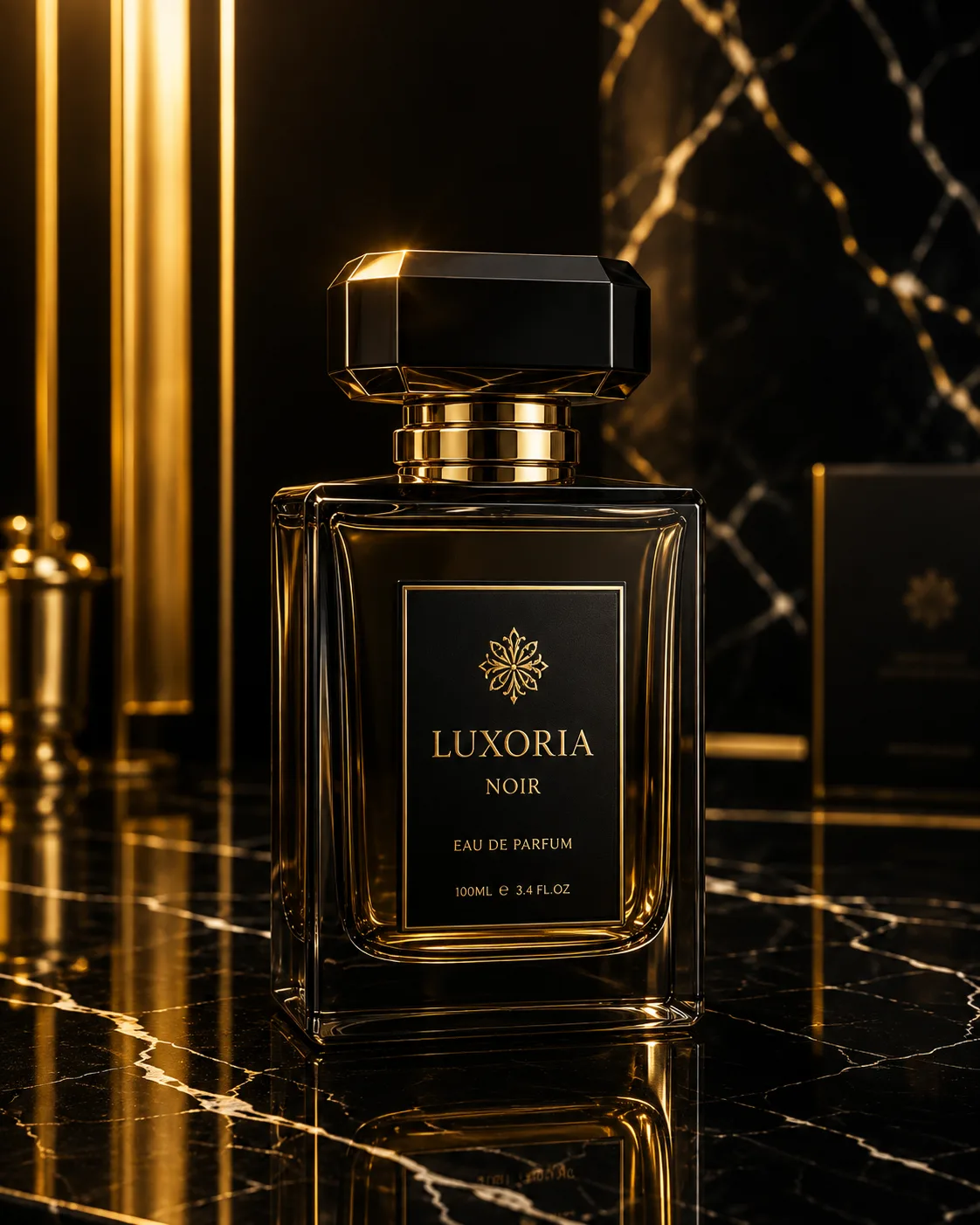 Elegant perfume bottle on black marble, golden reflections, luxury studio lighting, premium advertisement