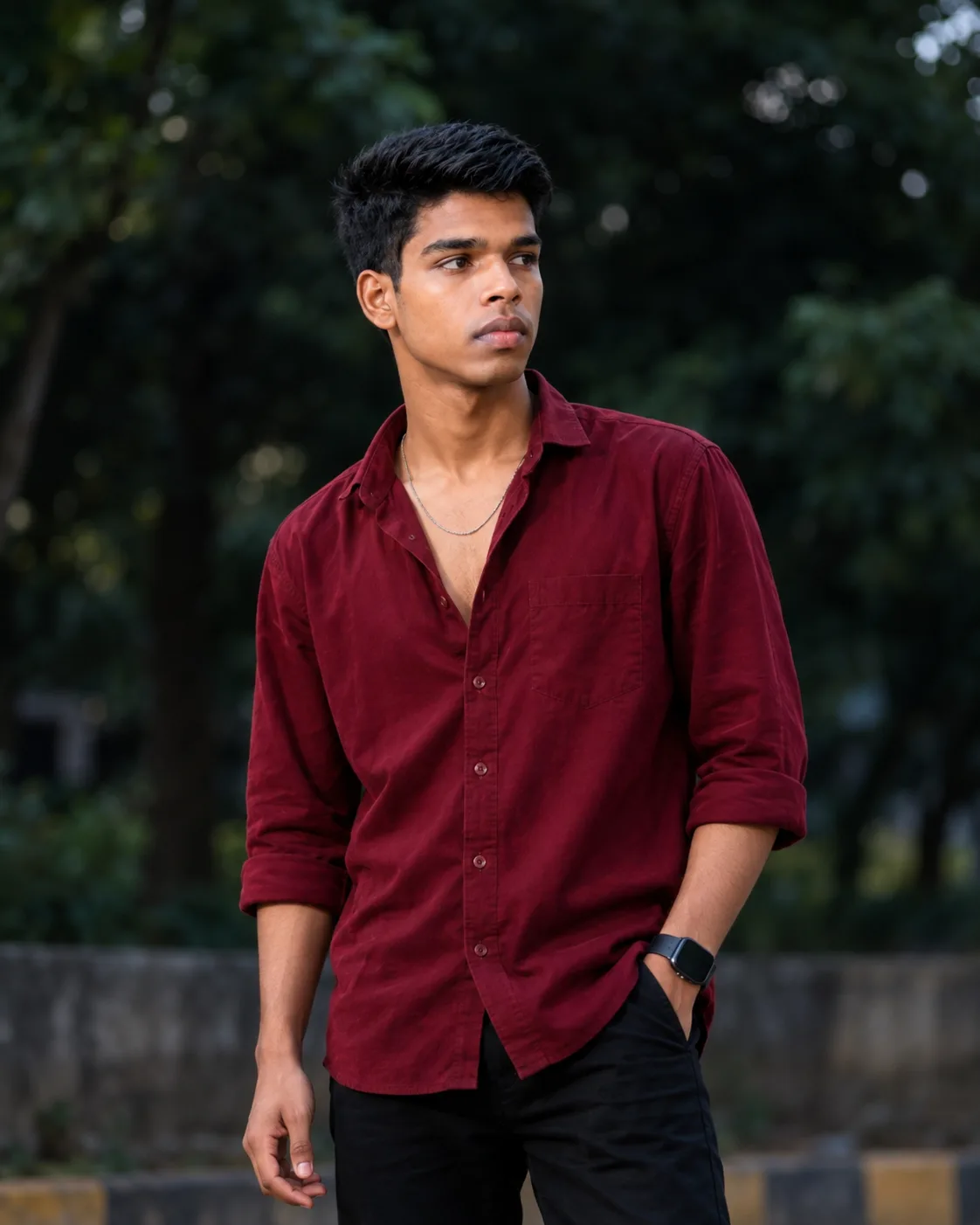 Create a highly realistic cinematic portrait photograph of a young South Asian male standing outdoors in a dark lush green environment.