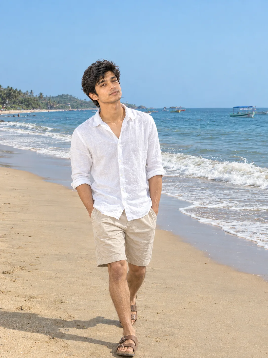 A highly detailed realistic photograph of a young man walking on a sandy beach during daytime.