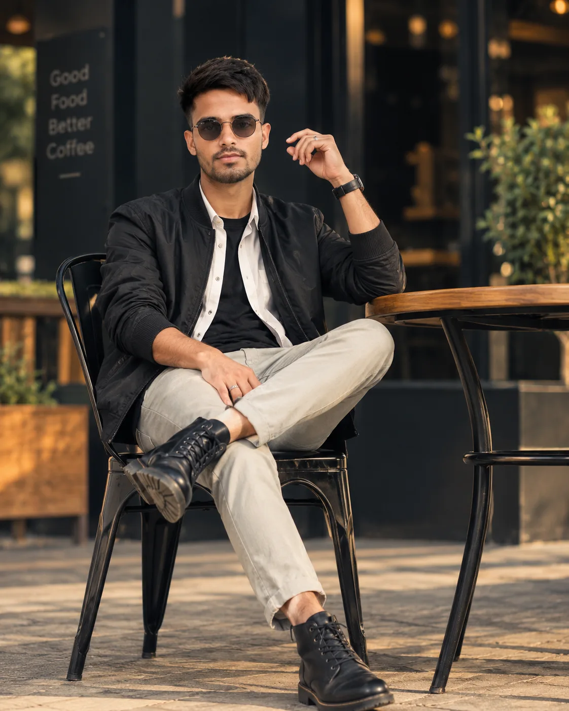 Create a photorealistic cinematic full-body portrait of a stylish young South Asian man sitting casually at an outdoor modern café.