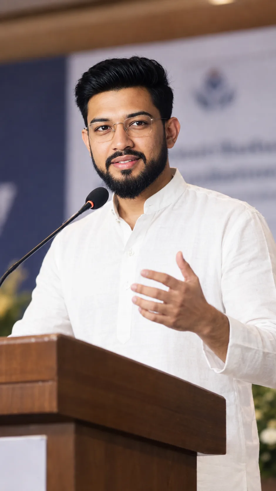 Promise A realistic professional photograph of a me as motivational speaker delivering a speech at a formal indoor event.