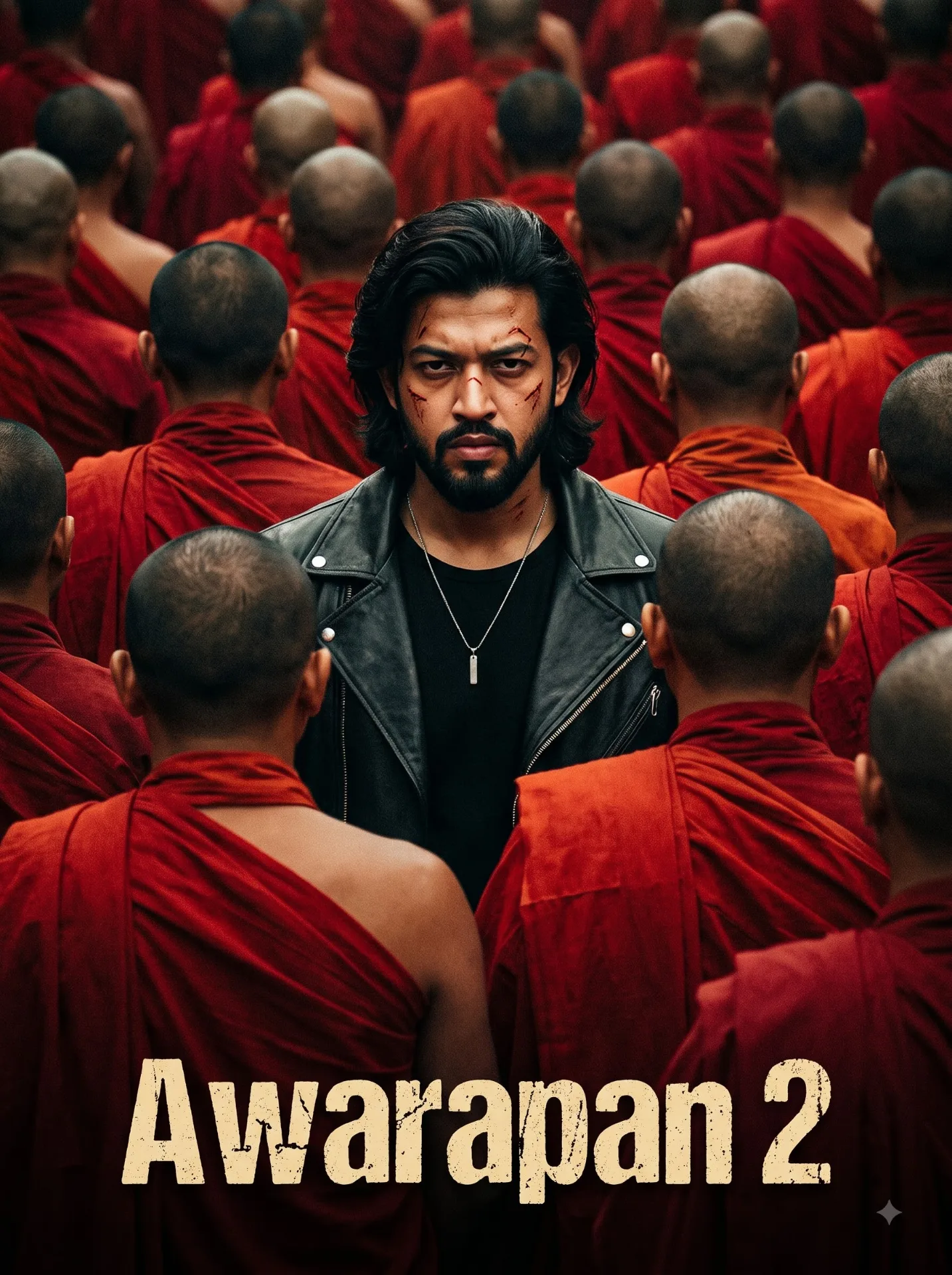 A cinematic movie poster featuring a man of South Asian descent in his mid-30s at the center, looking directly at the viewer with a stern,