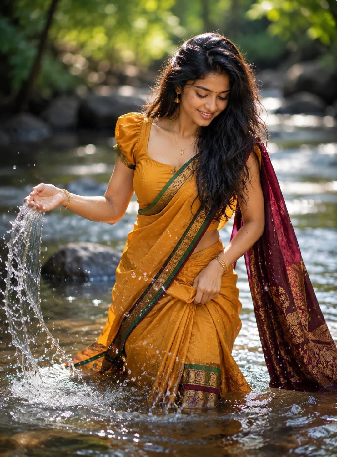 💛 💛 💛 "Photorealistic outdoor portrait of a joyful South Indian woman playing in a shallow forest river.
