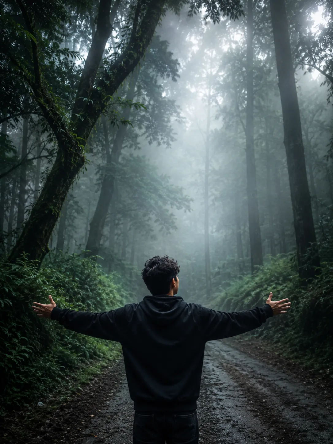 @Create image Transform this image into a breathtaking ultra-realistic foggy forest masterpiece.