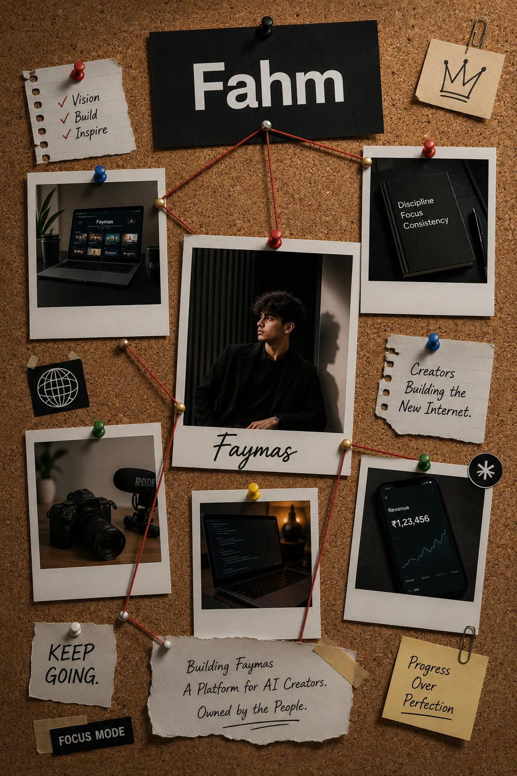 Generate a vertical poster in a Polaroid Pinboard aesthetic, featuring multiple photos displayed inside classic white Polaroid frames