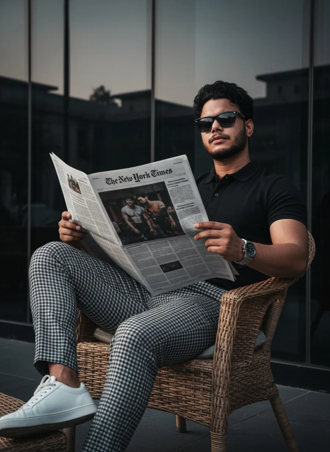 A stylish young South Asian man with curly black hair and a short beard sits confidently in a woven wicker chair outdoors, wearing black