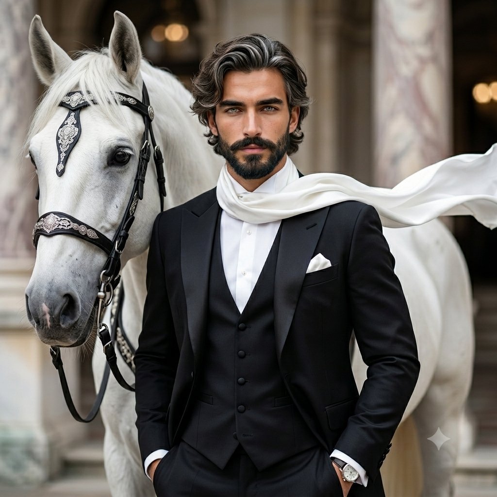 Prompt: Ultra-realistic cinematic luxury fashion portrait of a powerful masculine gentleman standing beside a majestic white Andalusian