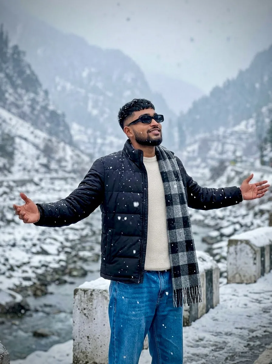 A photorealistic medium-shot portrait of a young South Asian man standing outdoors amidst softly falling snowflakes in a snowy mountain