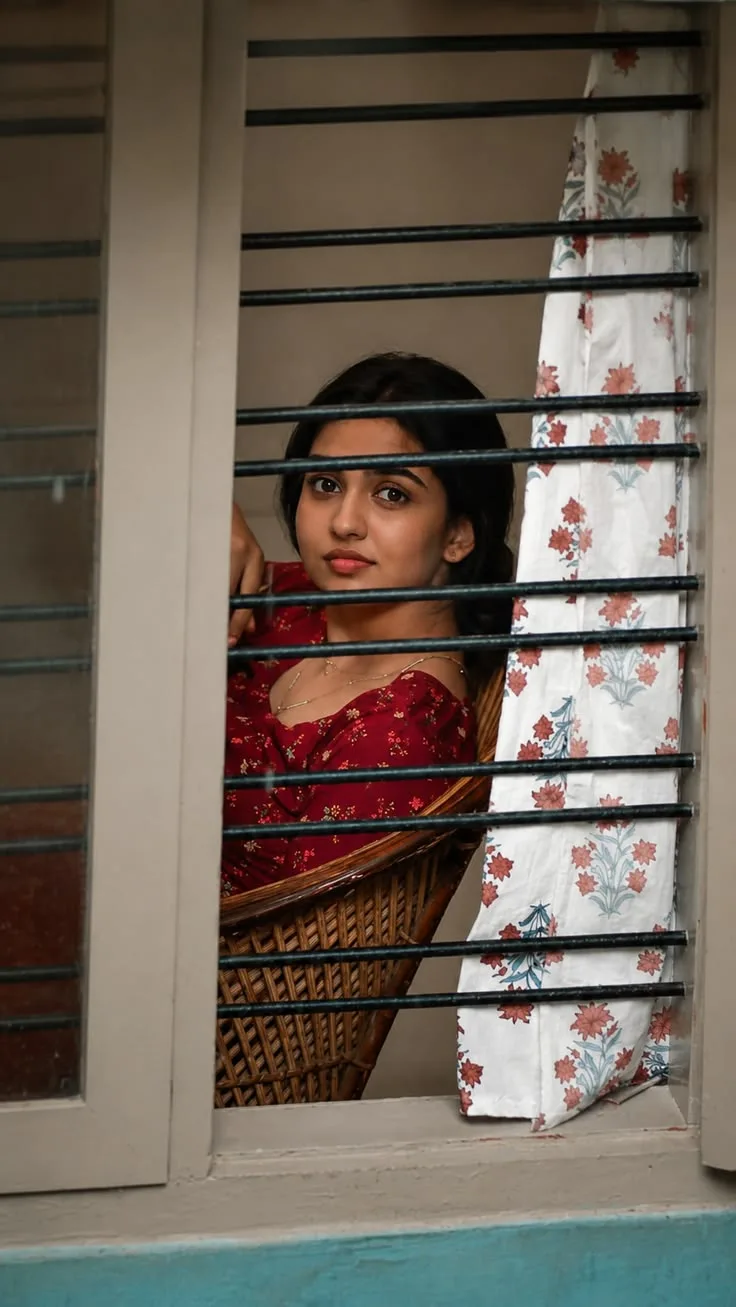 Create a highly realistic, candid portrait of a young South Asian woman sitting gracefully beside a traditional window with black