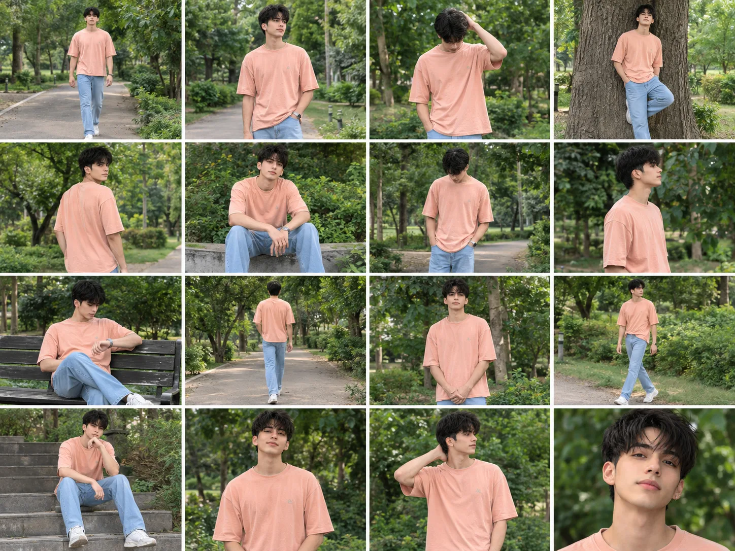 Ultra realistic DSLR photograph of a stylish young Indian man in a lush green outdoor park, presented as a clean 4×4 sixteen-panel fashion