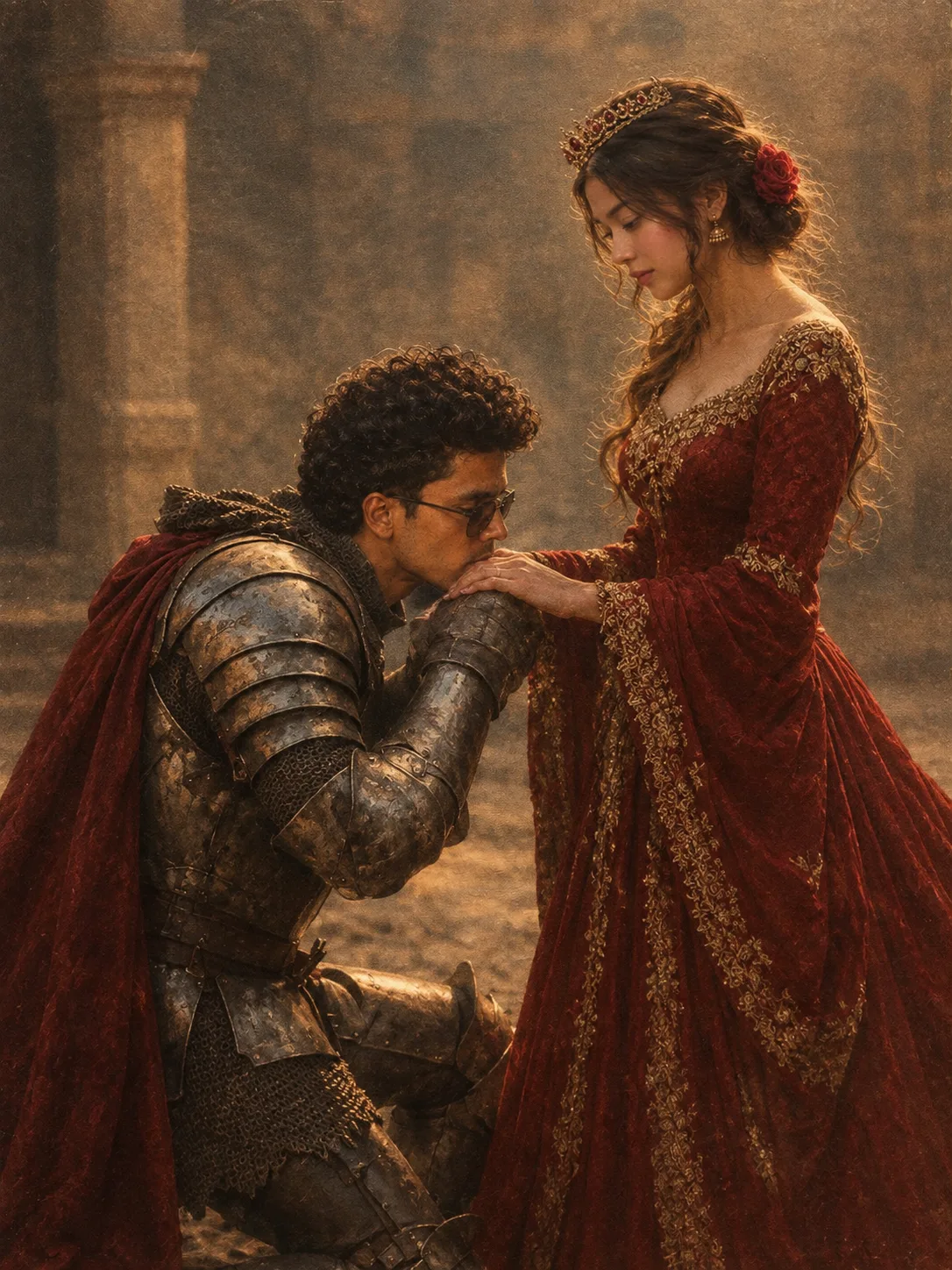 Create an ultra-realistic cinematic medieval romantic portrait of a young South Asian couple in an intimate royal-knighting scene.
