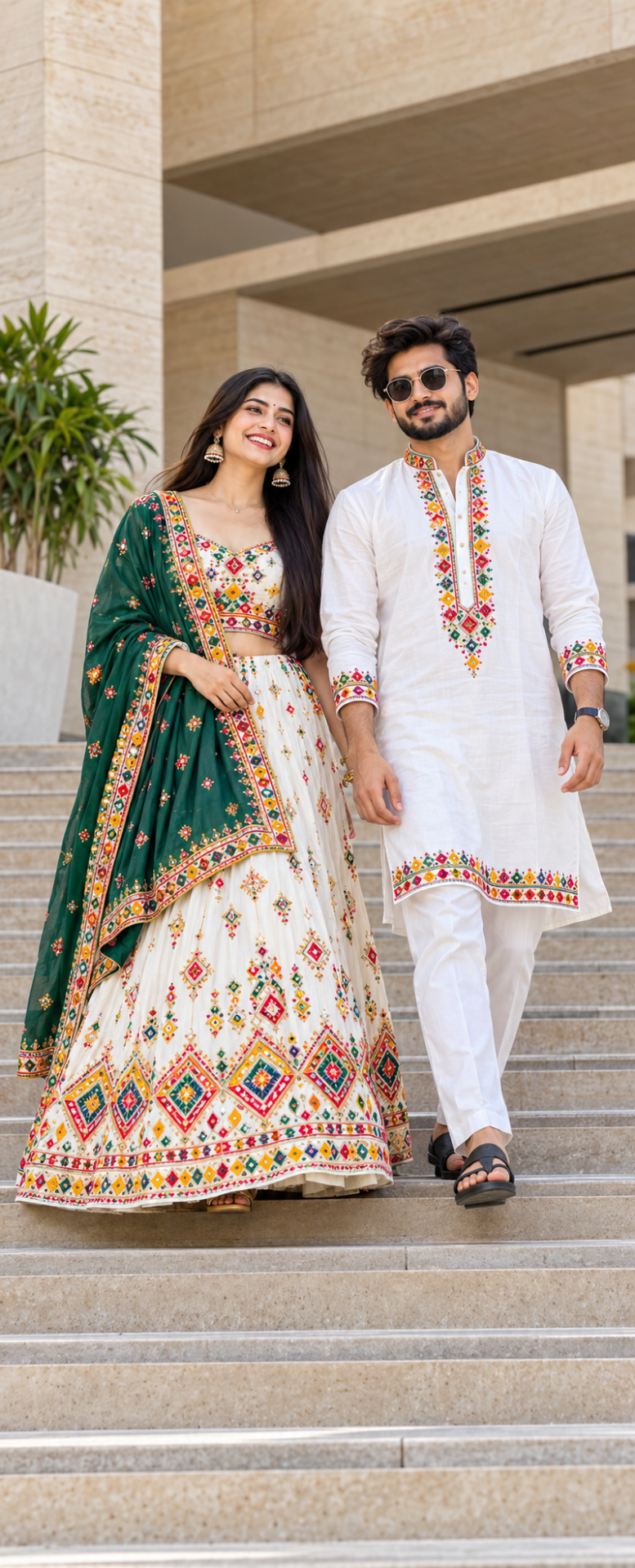 { "category": "fashion_editorial", "category_reasoning": "The image features a styled couple in coordinated professional attire, posing in