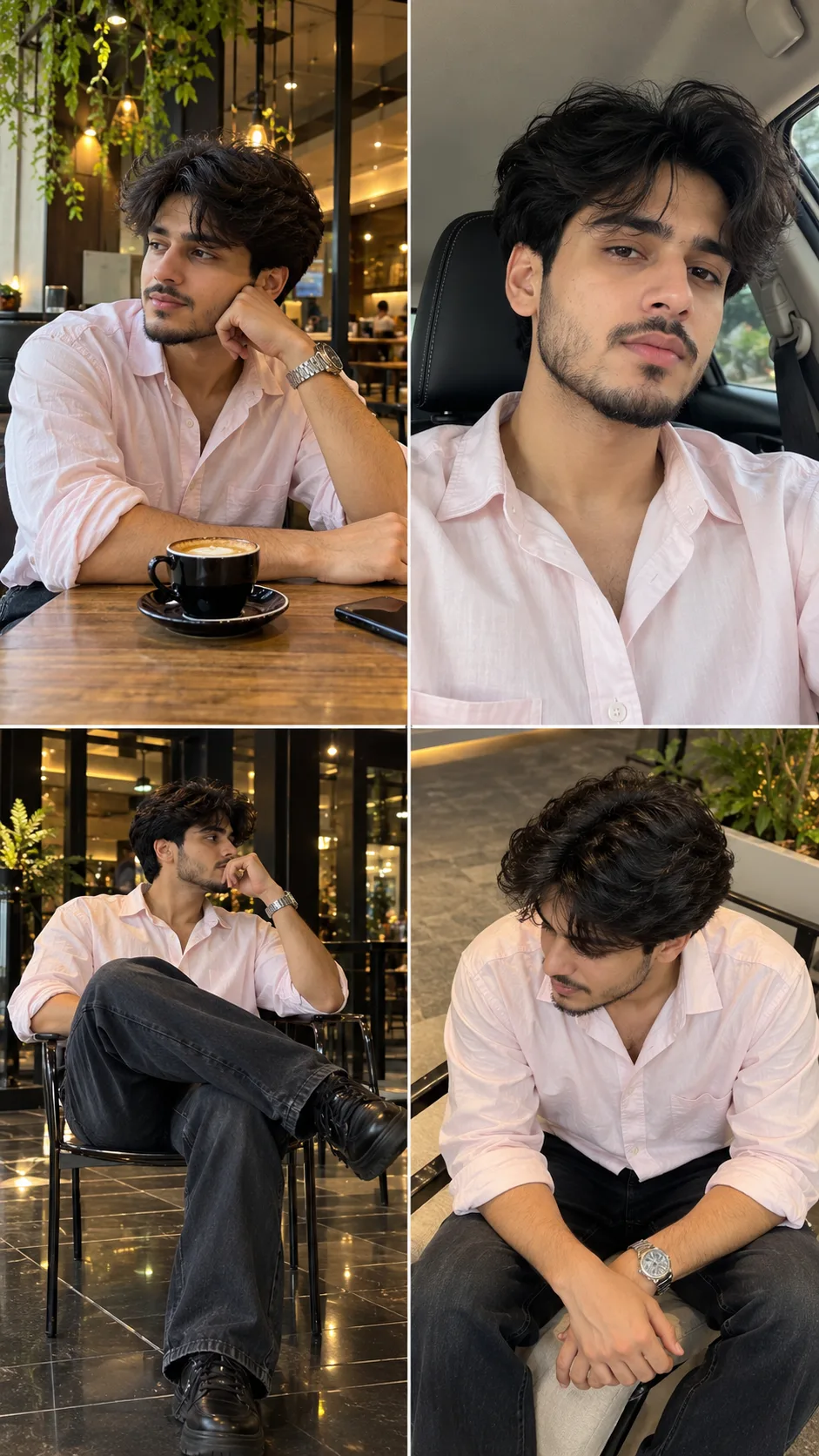 Create a photorealistic 2×2 four-panel collage of the same young South Asian man, using the uploaded image as the visual reference for the