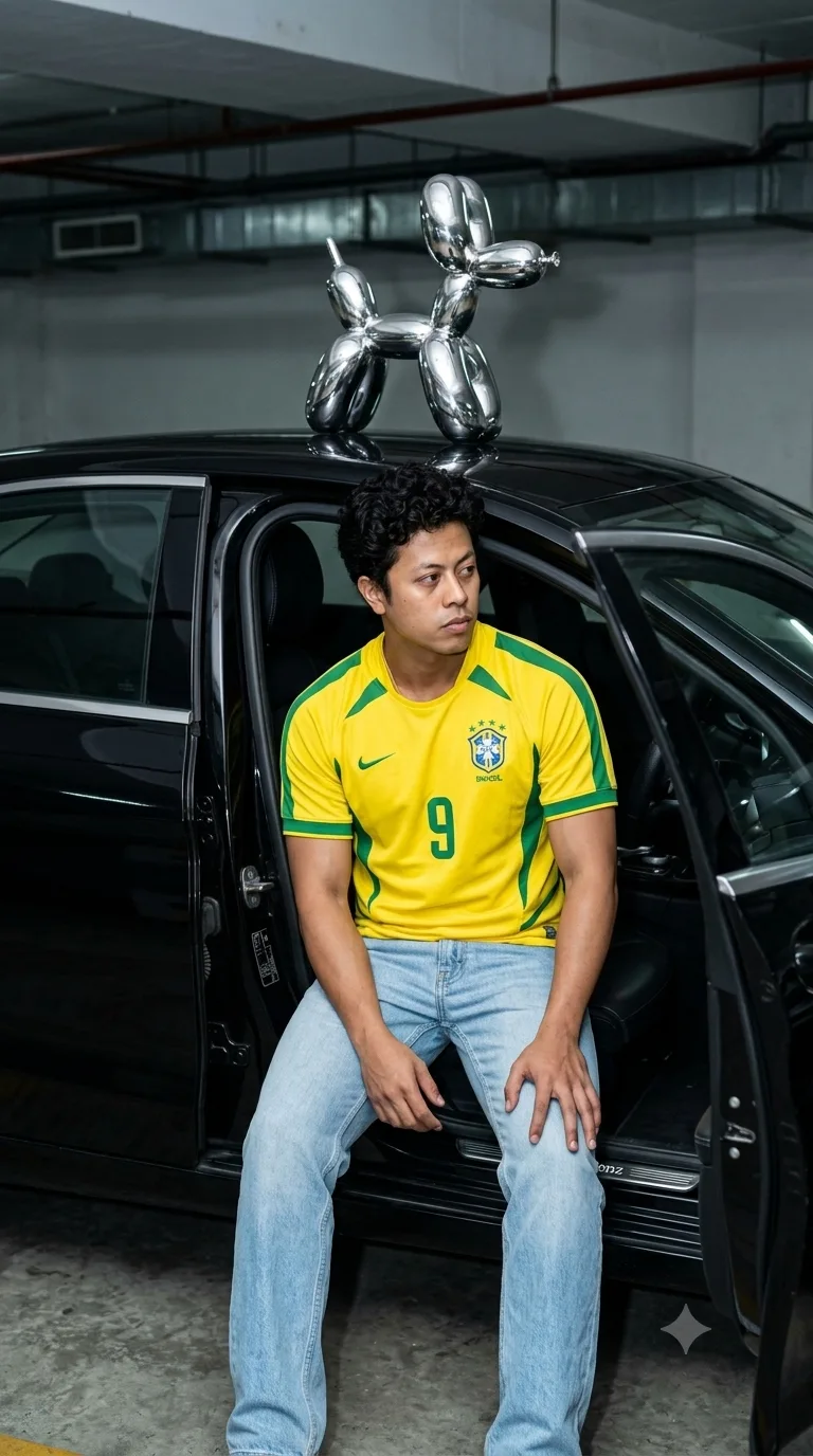 Vertical environmental lifestyle editorial portrait of a slim young adult seated sideways on the driver's seat of a glossy black four-door