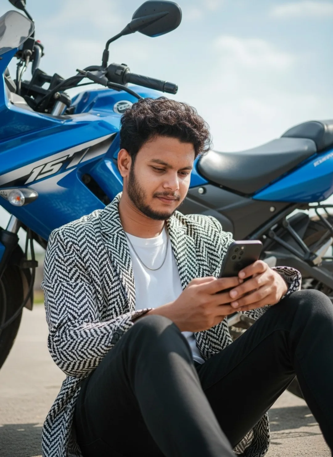 Cinematic outdoor lifestyle portrait of a young man seated on the pavement leaning casually against a bright blue sport motorcycle with a