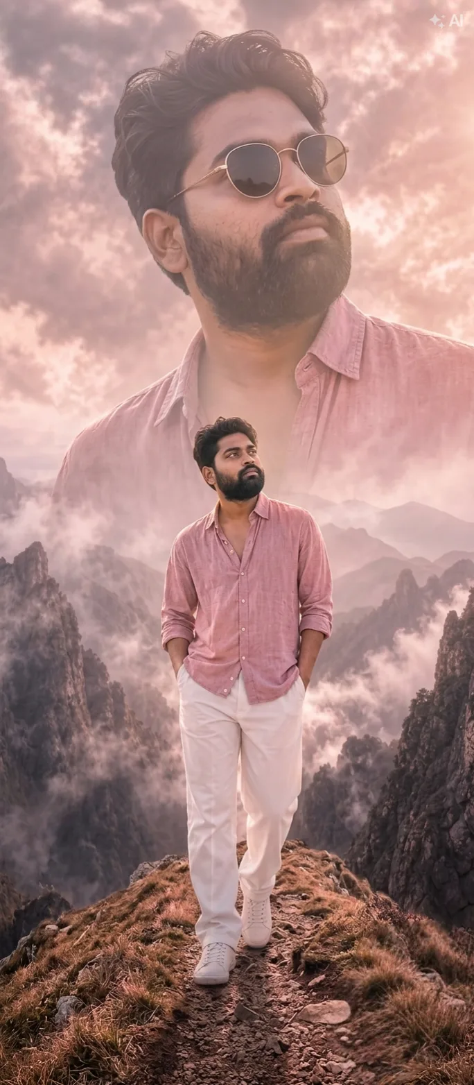 A stylish Indian man wearing a relaxed light pink linen shirt with rolled-up sleeves and tailored white pants, walking along a scenic