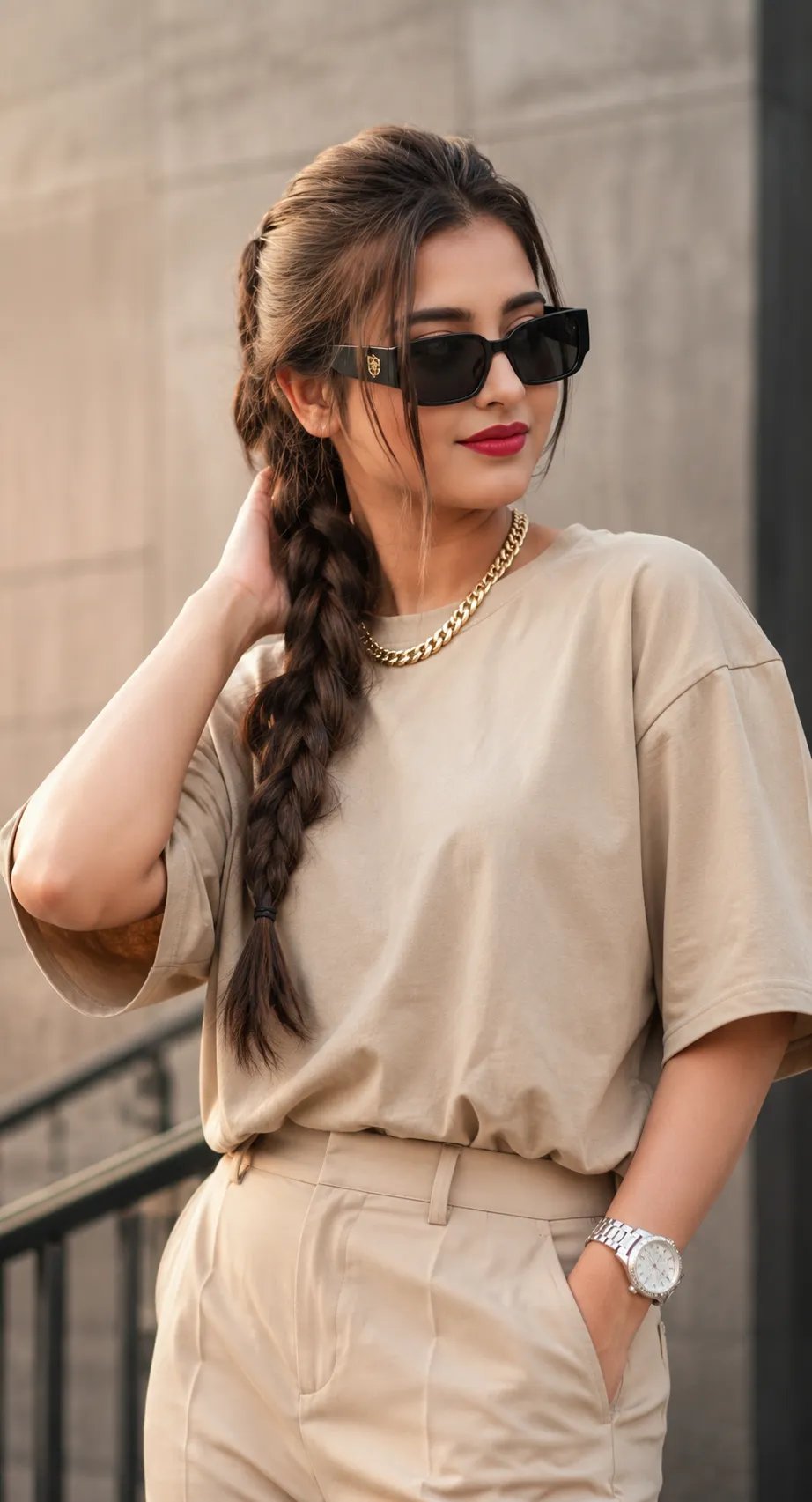 ChatGPT Prompt ⤵️ 💫 📌 A high-fashion editorial portrait of a stylish woman with a long, thick French side-braid hair, wearing sleek black