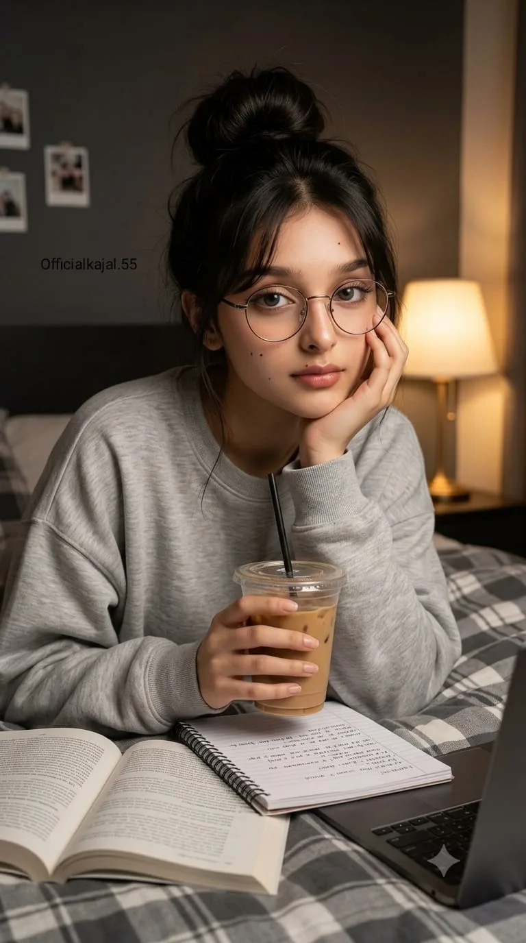 @Officialkajal.55 Create an ultra-realistic high-resolution portrait of a young woman studying indoors in a cozy bedroom.