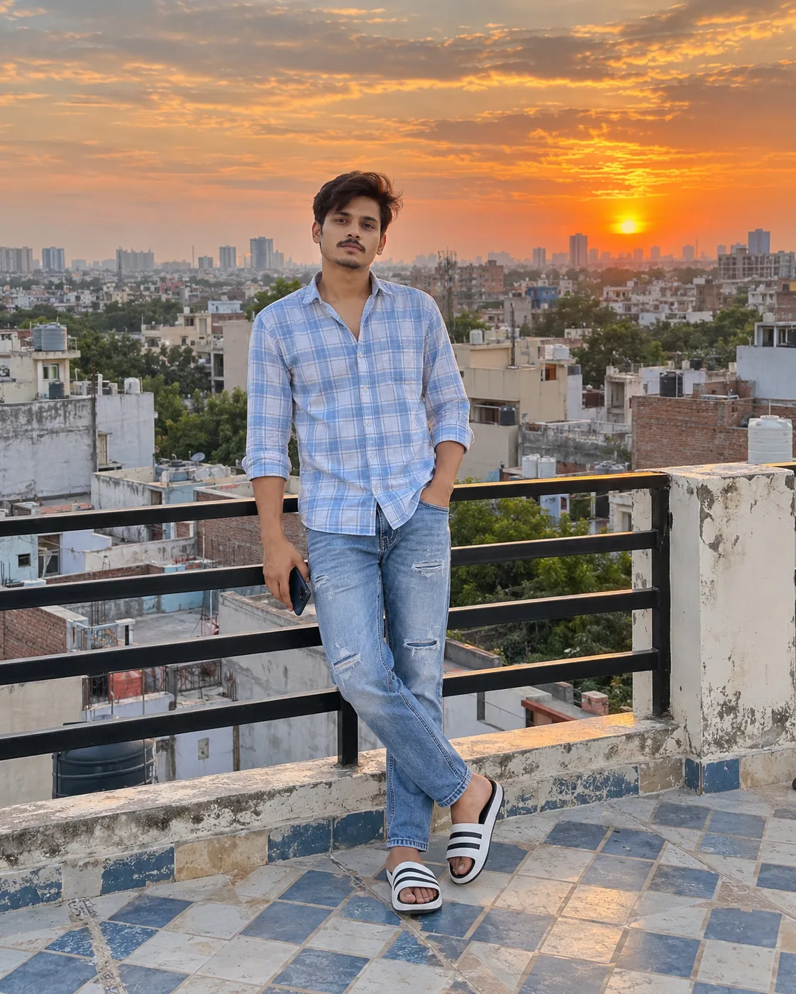 Create a highly realistic, ultra-detailed cinematic rooftop portrait inspired by the provided reference image.