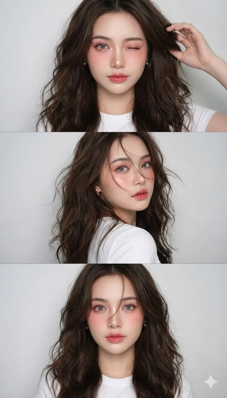 Create a realistic three-panel beauty portrait collage based on the reference image, using my uploaded photo as the ONLY identity