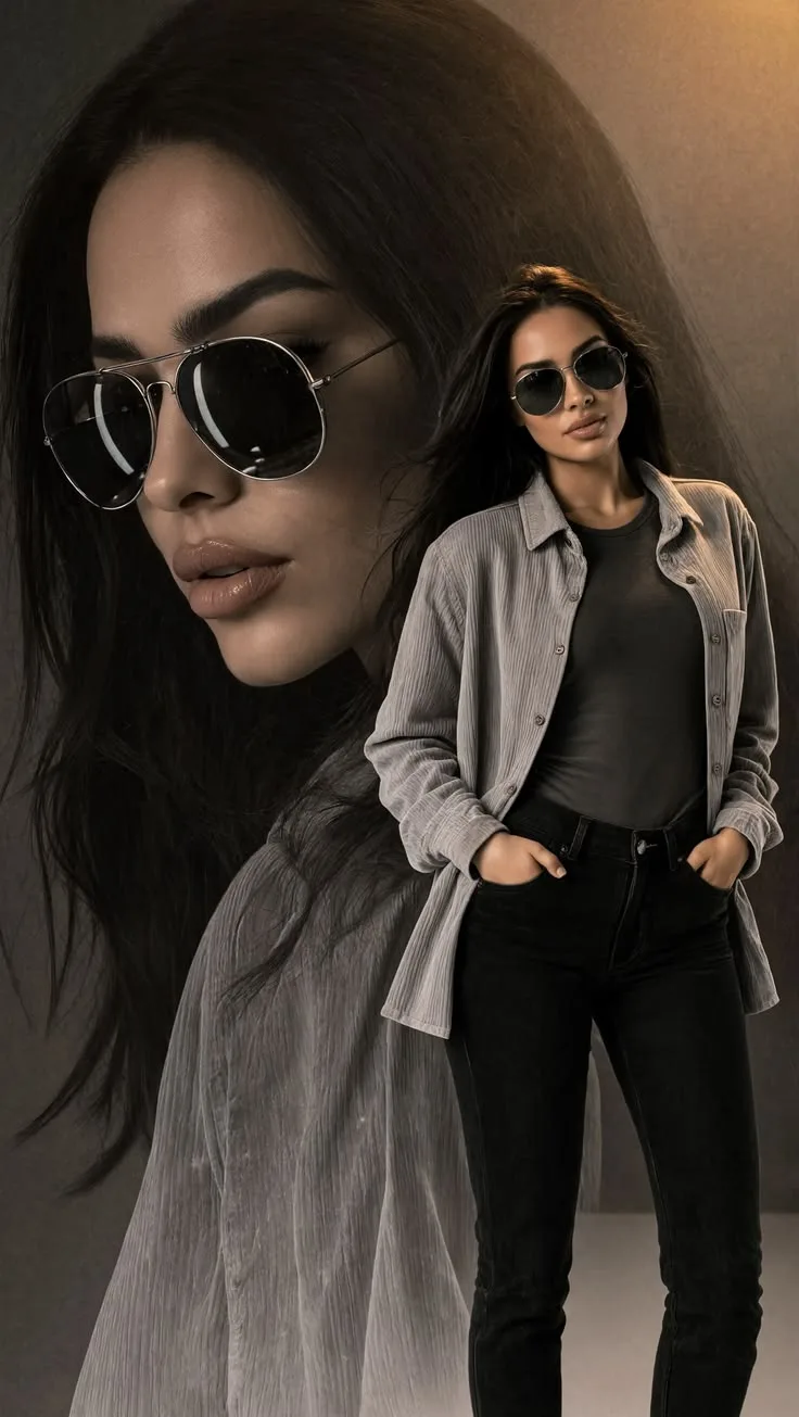 A high-fashion double exposure composition featuring a beautiful woman with long dark hair, wearing dark aviator sunglasses.