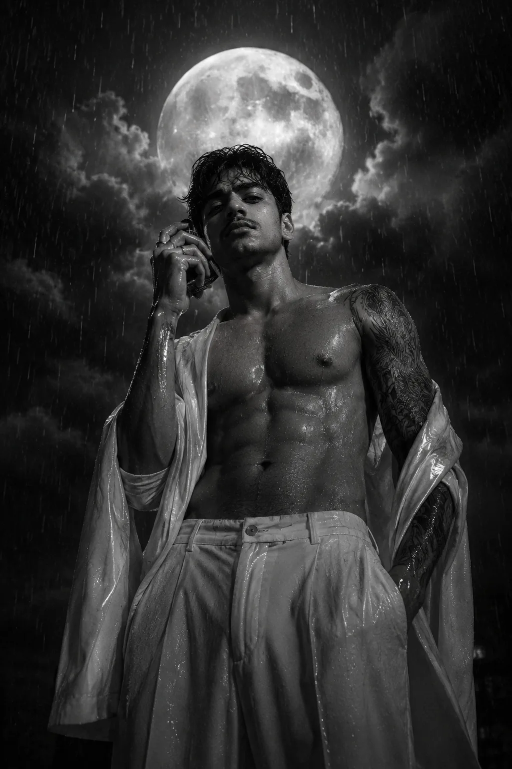 Create an ultra-photorealistic cinematic black-and-white portrait of a confident young adult man standing outdoors at night during heavy