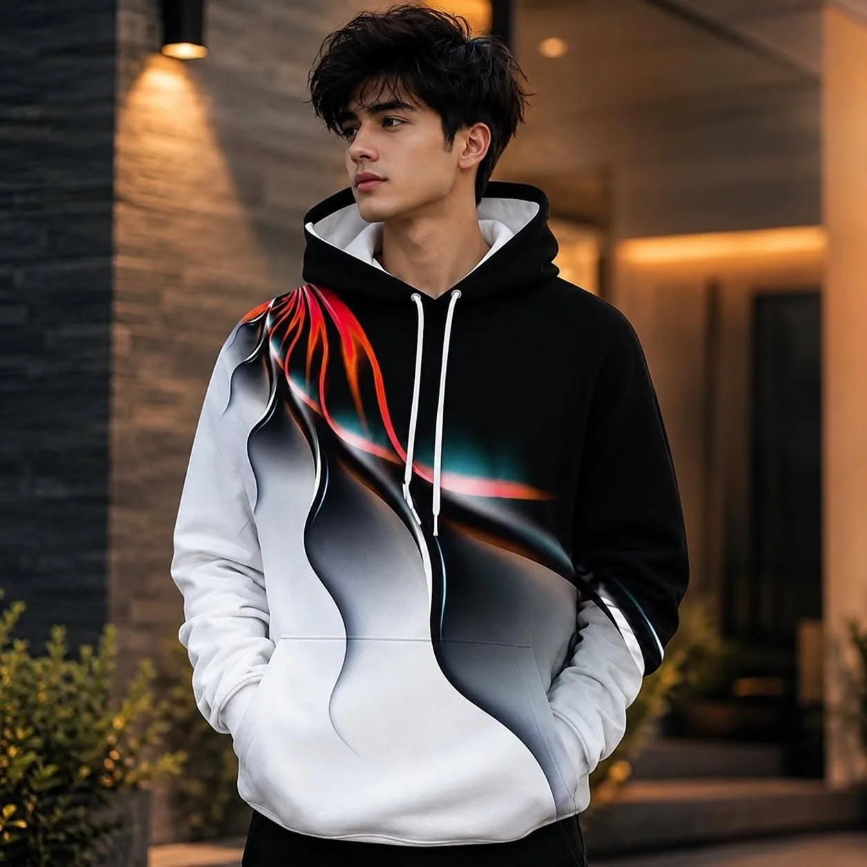 An absolute visual masterpiece, hyper-photorealistic and ultra-detailed medium-shot vertical portrait capturing a highly stylish young man