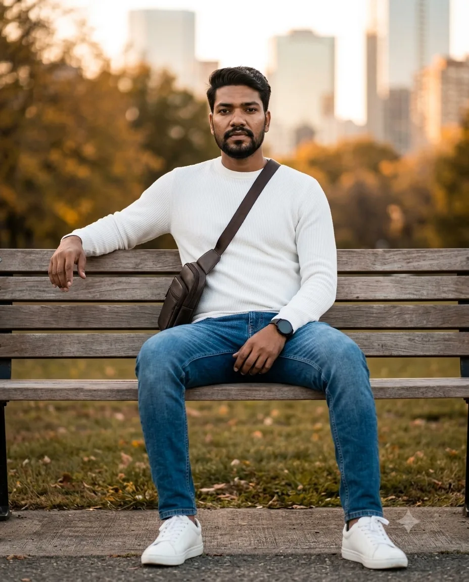 A stylish young Indian man with neatly styled dark hair and a well-groomed short beard, sitting casually on a wooden park bench, full-body