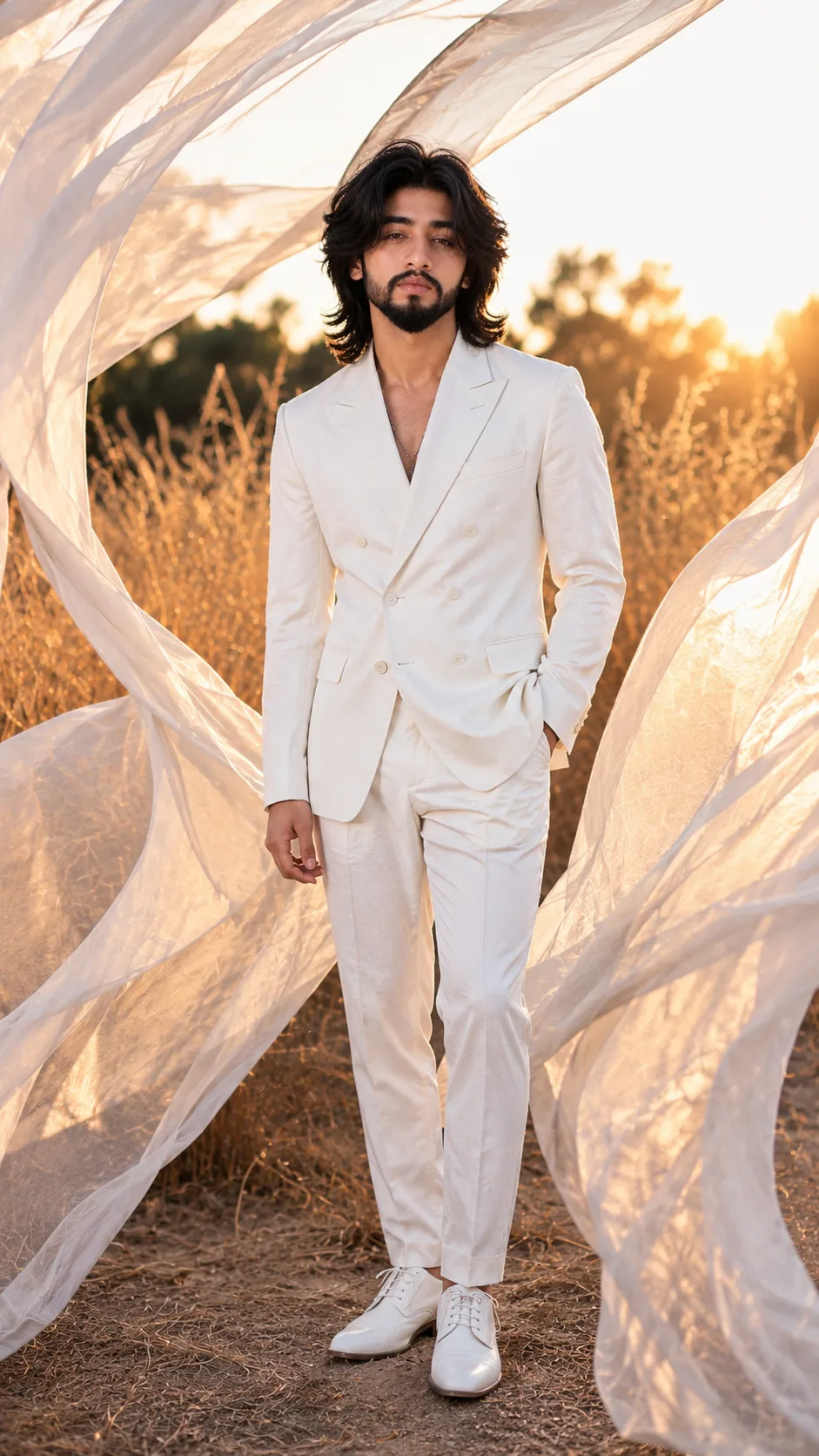 Full-body fashion photography of a handsome young man standing in a white double-breasted suit with white dress shoes.