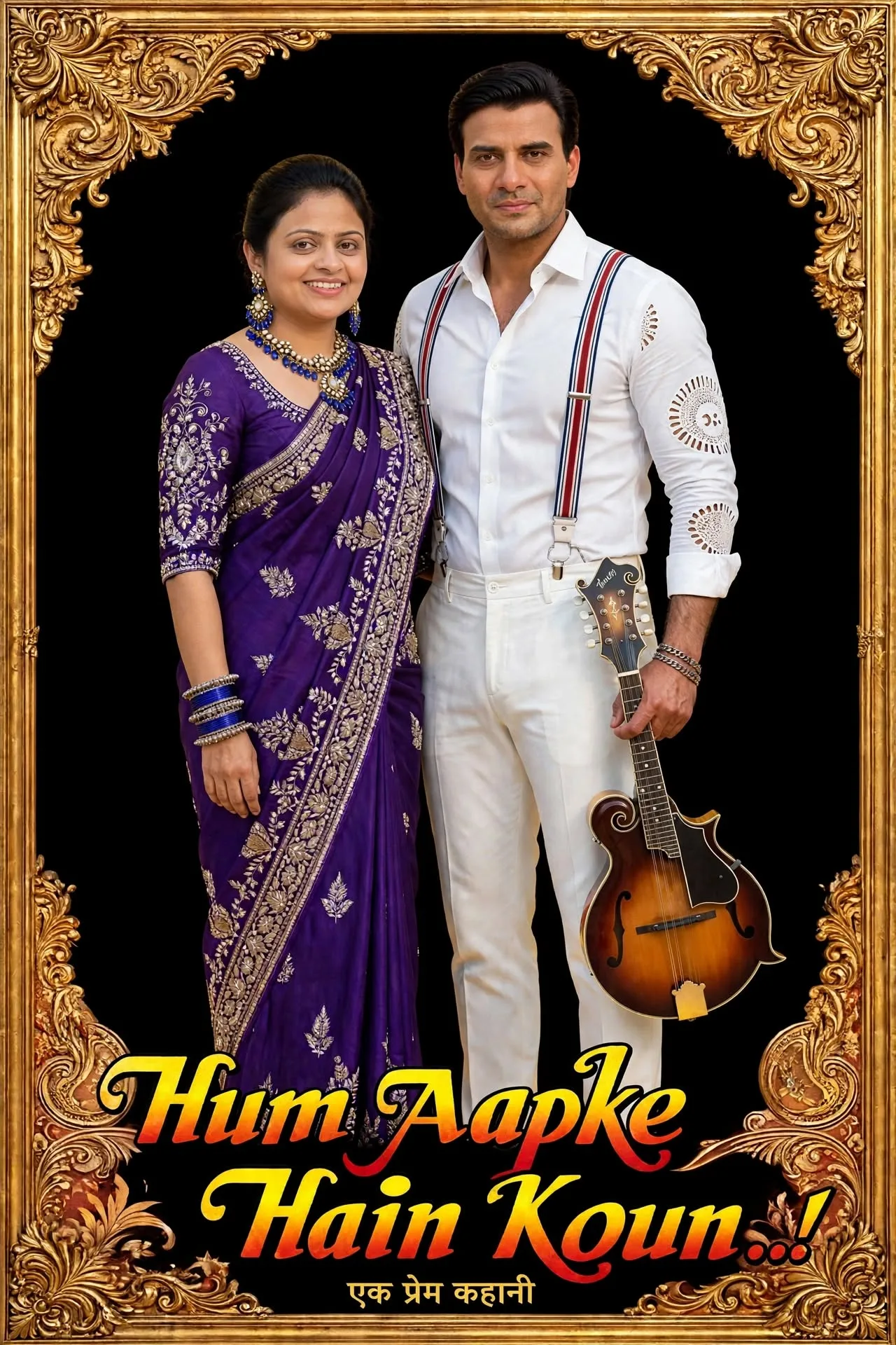 A premium Bollywood movie couple poster, a loving Indian couple standing together centered, woman in royal purple embroidered saree with