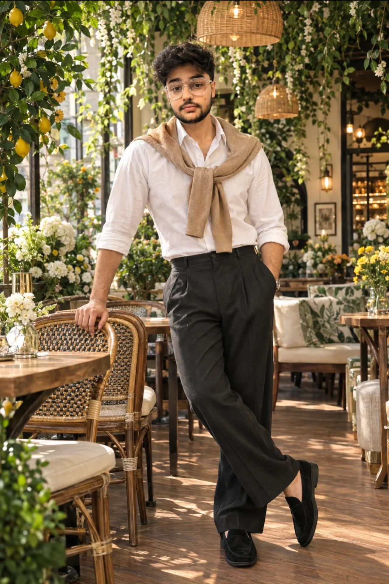 An exceptionally stylish young male fashion model standing confidently inside an elegant luxury botanical café filled with lush greenery,