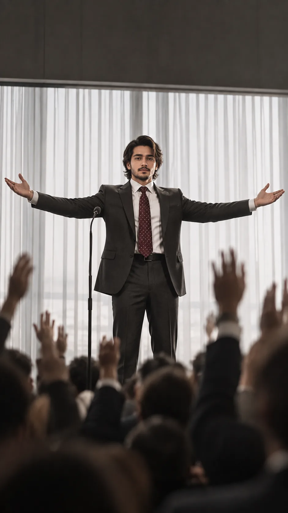 **Ultra-realistic cinematic photograph of a confident young adult man standing on a stage in front of a large audience, captured in a
