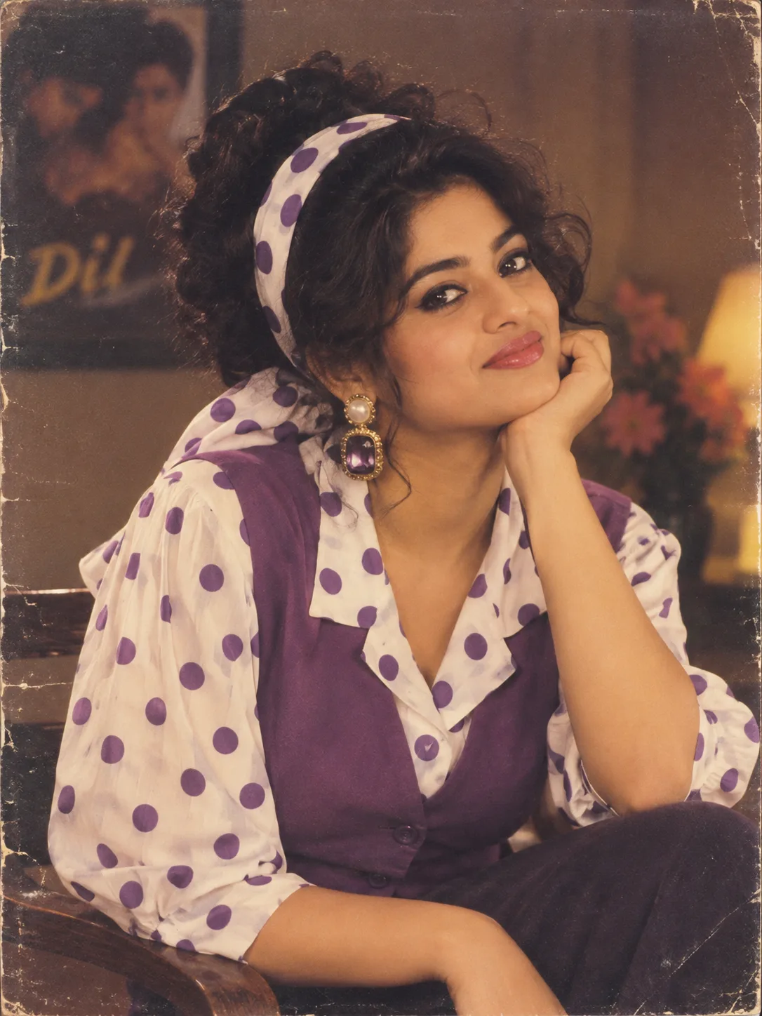 Create a realistic 1990s Indian cinematic portrait inspired by this reference: a stylish young woman wearing a purple sleeveless vest over