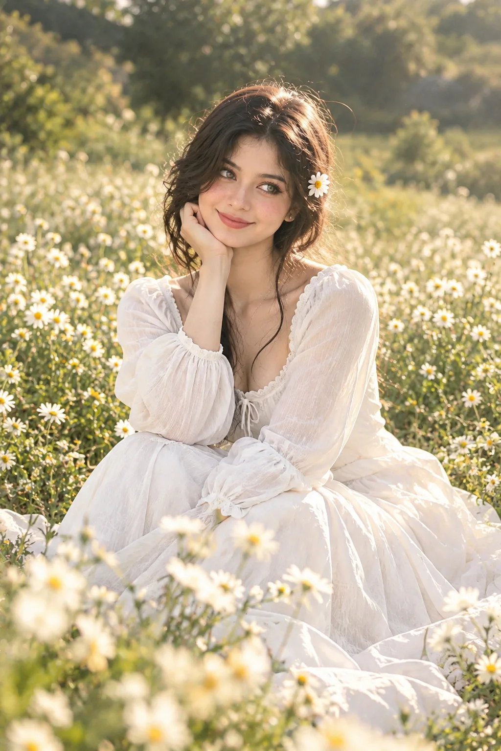 Create me sitting in a blooming field of White flower, smiling warmly and looking to the side.