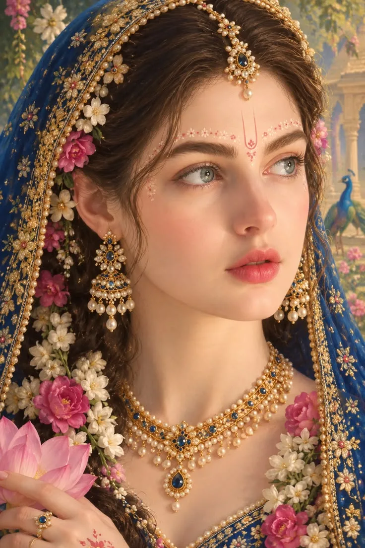 Create a highly detailed, photorealistic close-up portrait of a beautiful Indian bride in an elegant royal blue bridal ensemble.