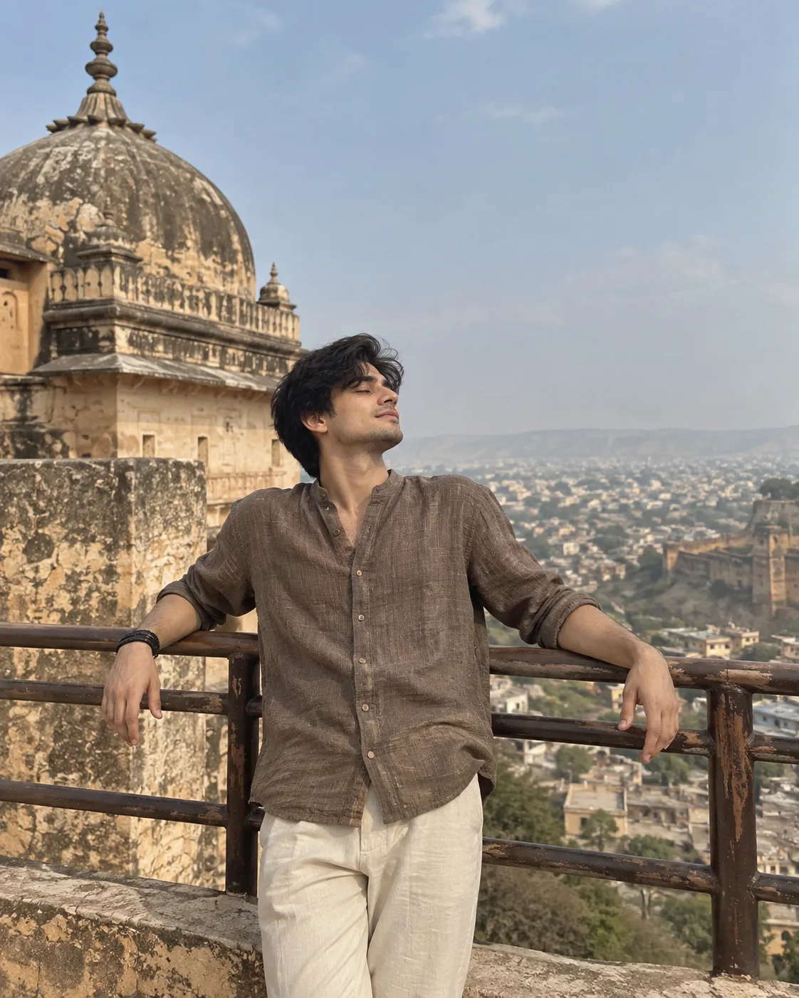 > Create a highly realistic vertical 4:5 cinematic travel photograph using TWO image references.